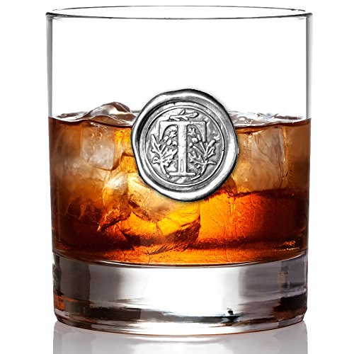 English Pewter Company 11oz Old Fashioned Whiskey Rocks Glass With Monogram Initial - Unique Gifts For Men - Personalized Gifts With Your Choice of Initial (T) MON120