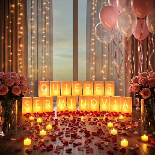 Image of Romantic Room Decor - Quieres Ser Mi Novia Light Up Letters Luminaries Bags | Anniversary and Valentines Day Decorations | Proposal Decorations | 2000Pc Rose Petals and 30Pc Tea Candles Set | Easy Setup