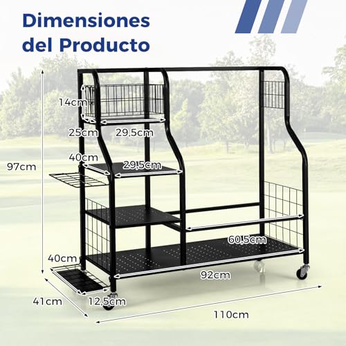 Miniatura 6 de Costway Organizador De Almacenamiento Para Palos De Golf, 3 Estantes Y 1 Cesta, Estante De Almacenaje Con Ruedas Extraíbles Para 2 Bolsas De Golf 6 Ganchos Para Accesorios De Equipos De Golf