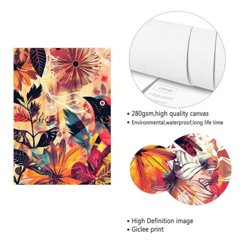Toile décorative bohème pour mur vide, peinture murale fleurs et oiseaux vintage encadrée - 5