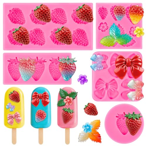 5Pcs Strawberry Baking Molds, Silicone Strawberry Fondant Mold 3D Bow Flower Fruit Shape Cake Molds Diy For Jelly Clay Making Chocolate Candy Cupcake Ice Cream Candle Decoration