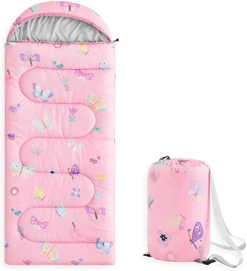 Wake In Cloud - Kids Sleeping Bag for Girls Toddlers, Camping in Warm Cold Weather, Backpacking Lightweight Compact Outdoor Liner for 3 Seasons, Butterfly Garden Flowers