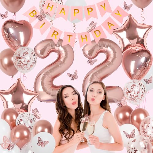 Image of Rose Gold 22th Birthday Decorations for Women, 22 Year Old Sign with Happy Birthday Banner, 40In Number 22 Foil Birthday Balloons, Butterfly Decorations, Heart and Star Balloons