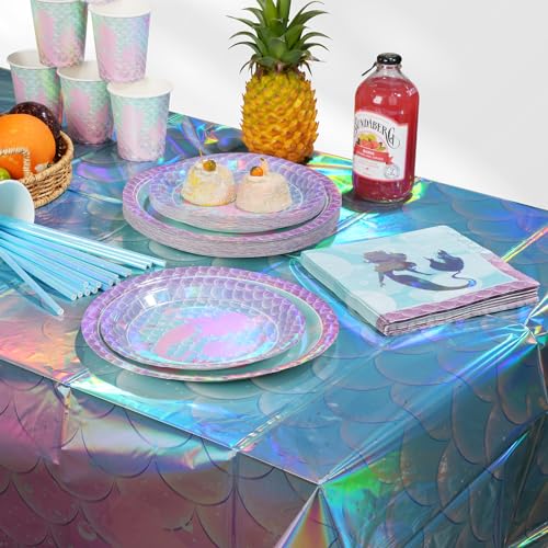 Mashan MERMAID IRIDESCENCE PLATES SERVE 50 400Pcs Mermaid Iridescent Laser Party Supplies,Mermaid Plates And Napkins Set Serve 25 Guests,Disposable Mermaid Paper Plates Napkins Cups Knives thumb #4
