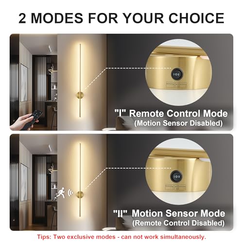 Image of KARTOOSH Brass Battery Operated Wall Sconce Set of Two with Motion Sensor | Rechargeable Wireless Wall Lights with Remote Control, Dimmable, 3000K /4000K /6000K, Timer for Living Room, Hallway,39.3 Inch