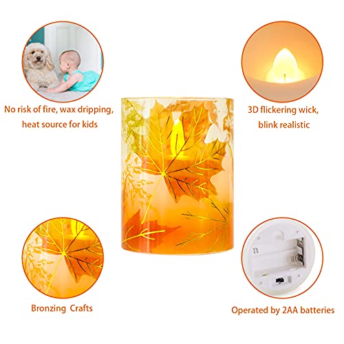 Image of Fall Flameless Candles, Autumn Maple Leaf Led Candles with Remote & Timer, Realistic Flickering Real Wax Candles for Harvest Festive, Thanksgiving Day, Party Decorations