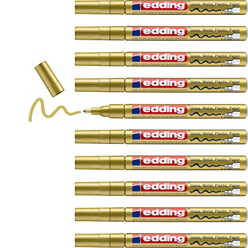 edding 751 Glanzlackmarker - gold - 10 Lackmarker - Rundspitze 1-2 mm - Lackstift für Glas, Stein, Holz, Kunststoff und Papier - wasserfest, stark deckend