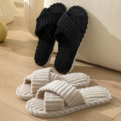 Image of SILENCIO Slippers for Women House Bedroom Furry Cross Bands Slide Shoes Anti-Skid Sole Open Toe Slippers Indoor & Outdoor