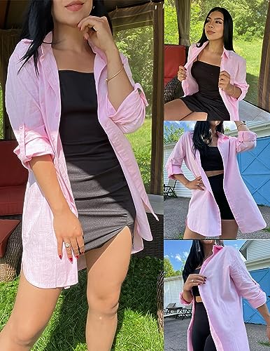 Image of HOTOUCH Women Boyfriend Shirts Button Down Long Sleeve Blouse Cuffed Sleeve Collared Shirt