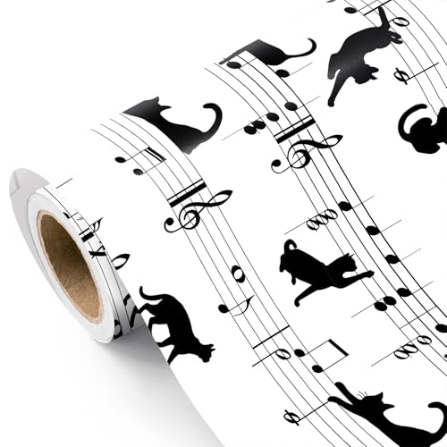 WRAPAHOLIC Music Cat Wrapping Paper Roll - Mini Roll - 17 Inch x 16.5 Feet - Black and White Cats and Music Notes Wrapping Paper for Pet Lovers, Music Lover, Birthday, Baby Shower