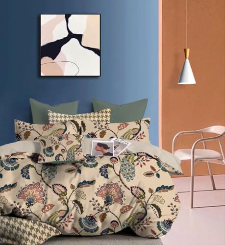 Image of Bedding Set Combo of Double Bed Duvet Cover Set with Fitted Bedsheet & 2 Pillow Covers | 300 TC Cotton Fabric | Zipper Closure |All Round Elastic|Warm Stuff|SED 015|Beige Jaipuri | Breathable material, Soft Feel, Aesthetic Designs, Economic combo, Zipper Closure