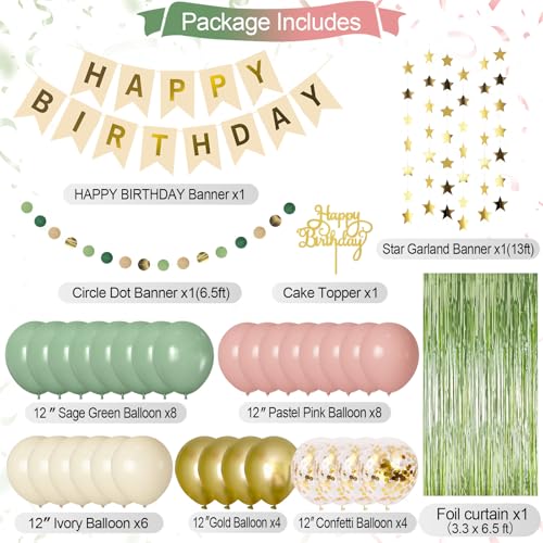 Image of Pink and Sage Green Birthday Party Decorations,Green Pink and Sand White Balloons Happy Birthday Banner star garland Fringe Curtains Birthday Background Pom Poms Decor for Girls Baby Women
