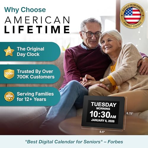 Image of American Lifetime New 2026 Dementia Clock Large Digital Clock for Seniors, Large Display with Custom Alarms, Calendar Clock with Day & Date for Elderly, Clear Numbers Alzheimer Digital Clock Black