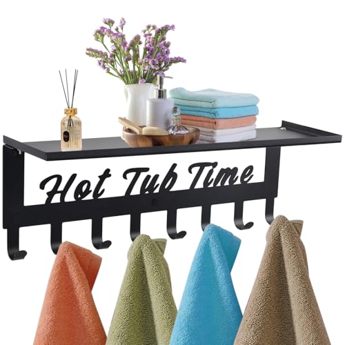 Hot Tub Towel Rack with Shelf, Wall-Mounted, 8 Hooks, Black
