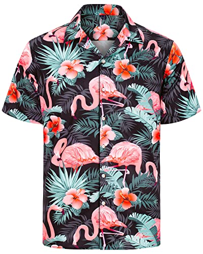 J.VER Mens Hawaiian Shirts Regular Fit Short Sleeve Funky Flower Flamingo Beach Summer Shirts Button Down Aloha Floral Holiday Party Black L