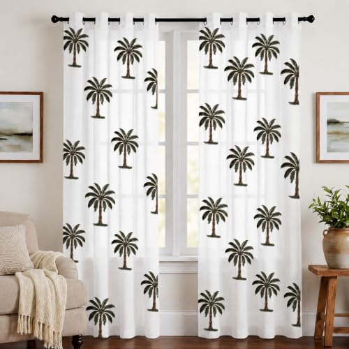 Image of LINENWALAS Cotton Linen Printed Sheer Curtain Set of 2 Panels with Eyelet Hanging, Palm Tree Printed Door Curtains Non Blackout Light Filtering for Living Room Bedroom, 8 Feet, White