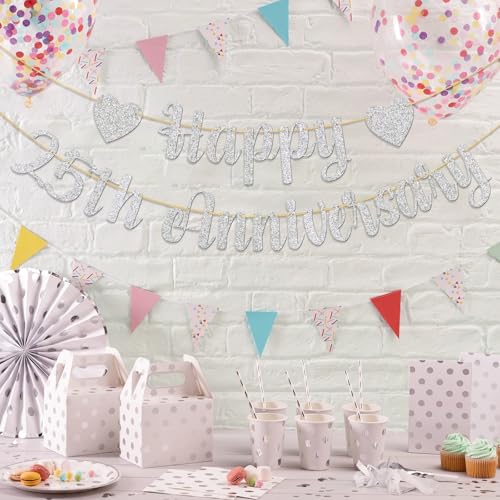 Image of Happy 25th Anniversary Banner 25th Wedding Anniversary Happy 25th Birthday Cheers to 25 Years Loved Party Decorations Silver Glitter