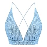 Monanoat Women’s Sexy Sequin Crop Top V Neck Bandage Tank Top Bustier Cami Dance Bra Top for Club Rave Blue
