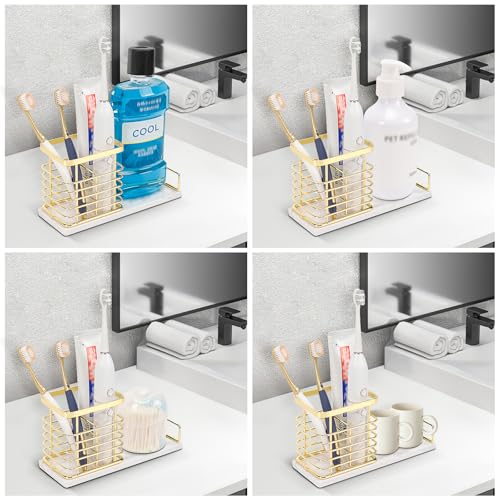 Image of Toothbrush Holder, Luxurious Metal Toothbrush Toothpaste Holder with Marble Base for Bathroom, Multi-Slots Openwork Design, Bathroom Accessory for Storage and Organizer (Large, Gold)