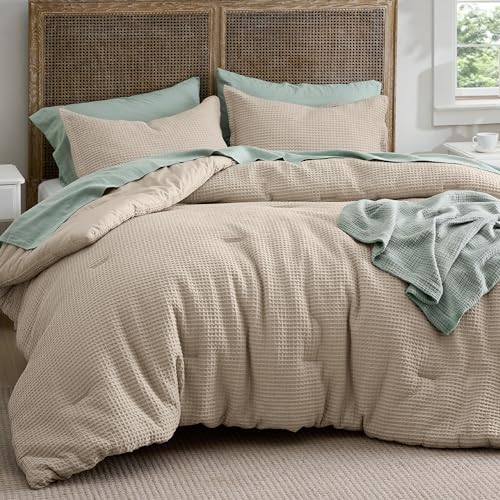 Image of Bedsure Waffle Comforter Set Queen, Khaki Soft Bedding, Waffle Weave Bed Set, 3 Pieces, 1 Comforter (90 inchx90 inch) and 2 Pillow Shams, Cotton Shell and Polyester Lining for All Seasons