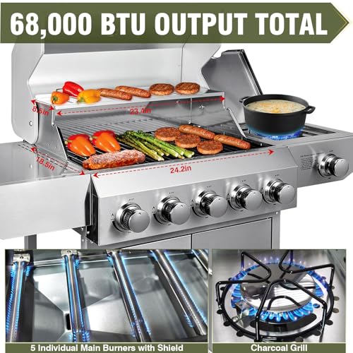 Image of Bestfire 68,000 BTU 5 Burner Propane Gas Grill with Side Burner-Professional-Grade Stainless Steel Outdoor BBQ Grill-647 sq in Cooking Space&Porcelain Cast Iron Grrates-Patio Cart Design for Backyard