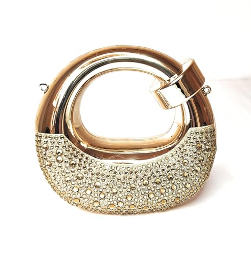 Image of Crystal Embellished Evening Clutch Bag with Curved Handle, Rose Gold Metallic Finish, Detachable Chain Strap, Mini Size