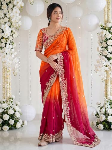 Image of SIRIL Women's Shimmer Chiffon Scalloped Border Sequins Embroidery Saree With Unstitched Blouse Piece