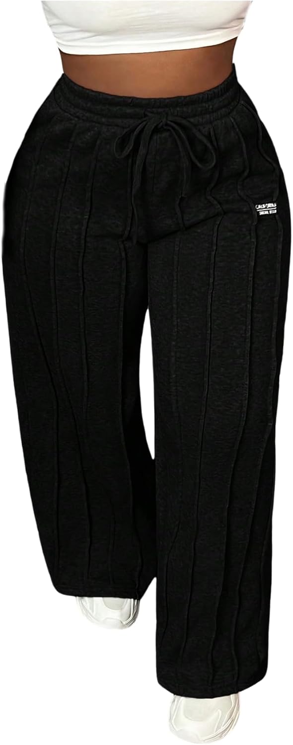 WDIRARA Women's High Waisted Baggy Pants Drawstring Waist Seaming Wide Leg Pants