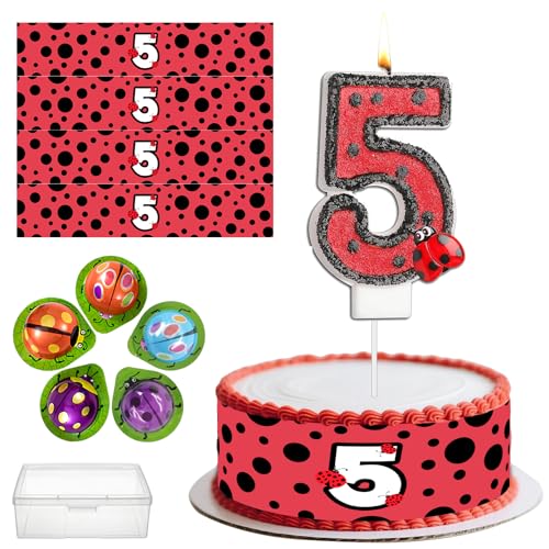 Decoracion Tartas Cumpleaños Mariquita,Velas de Cumpleaños de Mariquita de Número 5,Cinta tartas comestible 4 piezas 24cmx5cm,Lunares Rojos Negros,Niños Decoración Fiesta Suministros (Rojo-5s)