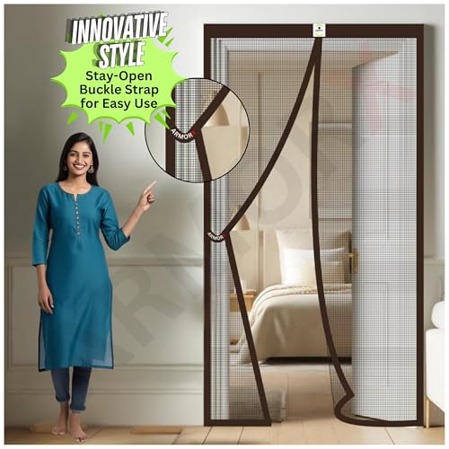 Image of ARMORX High Tensile Polyester Magnetic Door Mosquito Net, Self Closing Magnets with Buckle Strap, Protection from Insects, Pets & Kids Friendly | Brown -220cm x 100cm