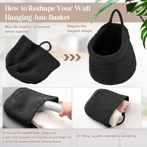Image of Honeydak 3 Hanging Baskets, Black, Barrel, Cotton Rope