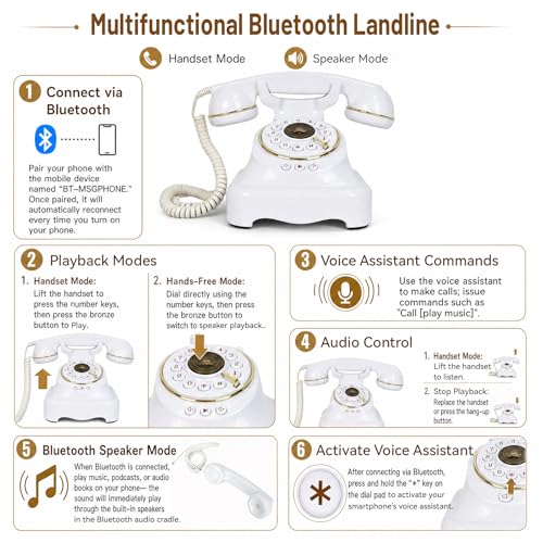 Teléfono fijo Bluetooth estilo retro blanco miniatura 6