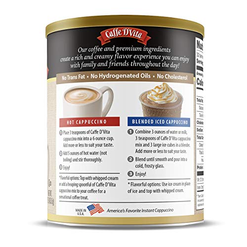 Caffe D'Vita Instant Hazelnut Cappuccino Mix - Instant Hazelnut Ground Coffee Beans, Gluten Free, No Cholesterol, No Hydrogenated Oils, No Trans Fat, 99% Caffeine Free - 1 Lb Can