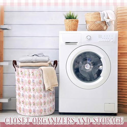 Image of Fourluoo 6 Pack Pink Bow Fabric Storage Basket Waterproof Laundry Hamper with Handles Flower Round Storage Bin for Clothes Foldable Organizer for Bedroom Nursery Bathroom