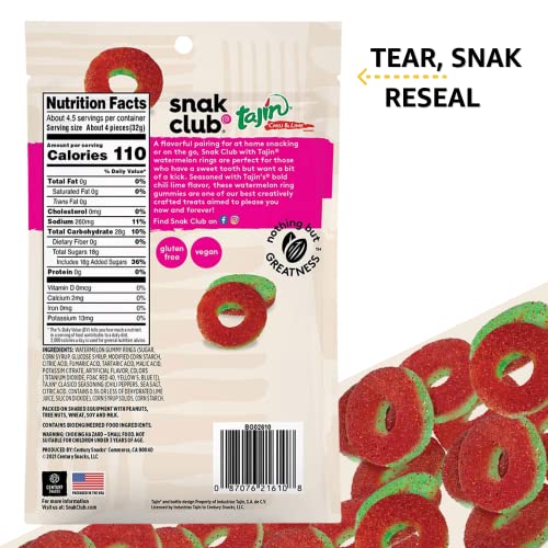 Snak Club Tajin Watermelon Rings, Chili & Lime Sweet & Spicy Gummy Snacks, Mild In Heat Bold In Flavor, Gluten-Free Snack, 5Oz Resealable Bag, 6 Count #TOP1