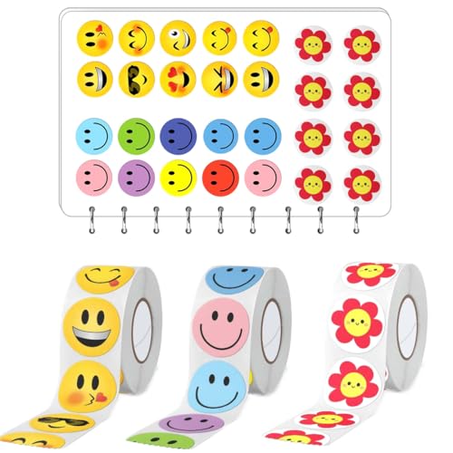 CEJAS 1500 Pièces Gommette Smiley Autocollant Sticker, Stickers Récompense Enfants, Autocollants de Récompense pour Enseignants, Rouleau Autocollant Rond pour Parent...