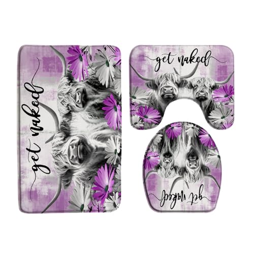 3 Piece Farmhouse Highland Cow Get Naked Bath Mat Sets Farm Animal Portrait of Highland Cow Longhorn Bull Rustic Flower Western Bathroom Doormat Rugs,Toilet Seat Cover,U-Shaped Floor Mat