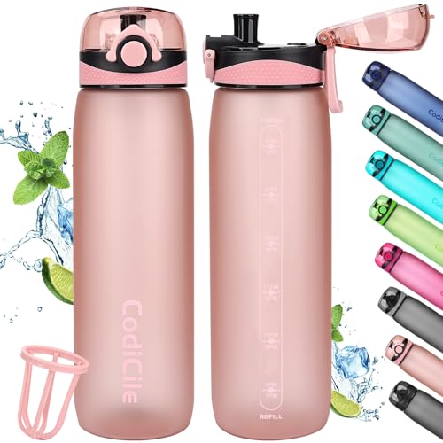 CodiCile Trinkflasche 1L, Wasserflasche 1L BPA-Frei, Auslaufsichere 1 Liter Trinkflasche, Tritan Sportflasche mit Filter für Fitness,Laufen, Schule, im Freien, Roségold