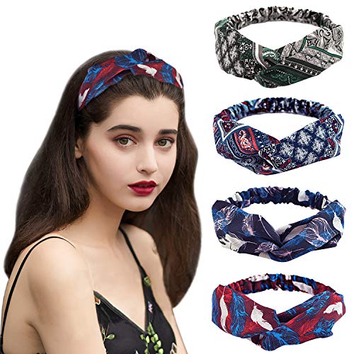 4 Piezas de Diademas de Mujer y Niñas, Cinta Pelo Mujer Elástica Impresa para Yoga, Deportes