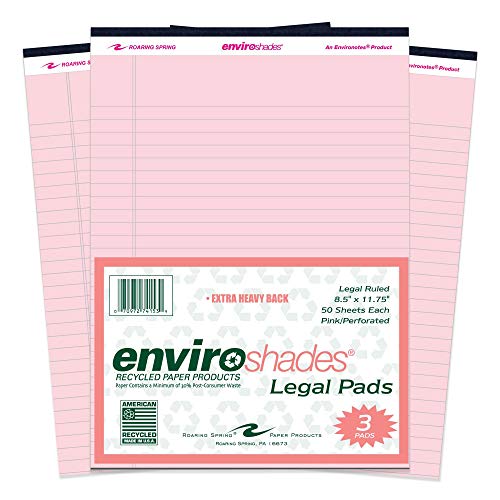 Roaring Spring Enviroshades 8.5" x 11.75", 50 sheets of 16# Recycled Pink Legal Pads, 3/pack