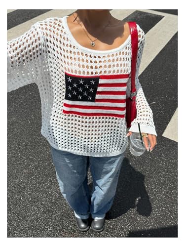 Floerns Women's Hollow Out Knit Sweater Long Sleeve Scoop Neck 4th of July Pullover Tops4