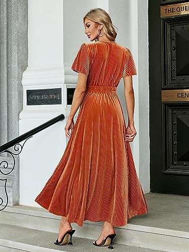 Image of Simplee Women's V Neck Velvet Maxi Dress Short Sleeve Empire Waist Long Formal Dress for Wedding Guest