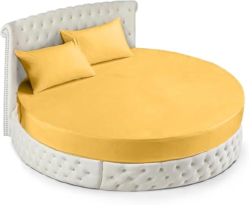 LaxLinen Juego de sábanas redondas de 600 hilos de 4 piezas, color dorado sólido (96 pulgadas de diámetro, tamaño estándar) se adapta a hasta 9 a 15
