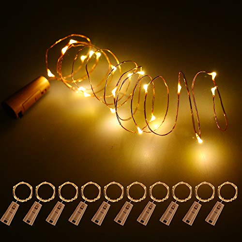 Preisvergleich Produktbild Fulighture LED Flaschen-Licht, 20 LEDs 2M Lichterkette Kupferdraht batteriebetriebene Weinflasche Lichter mit Kork Schnurlicht für DIY Deko Weihnachten Party Urlaub Stimmungslichter,Warmweiß,10 Stück