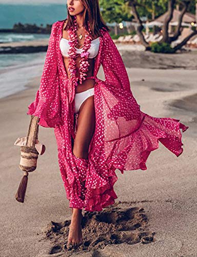 Bsubseach Women Chiffon Dot Print Beach Kimono Cardigan Long Bathing Suit Cover Up Rose - Image 4