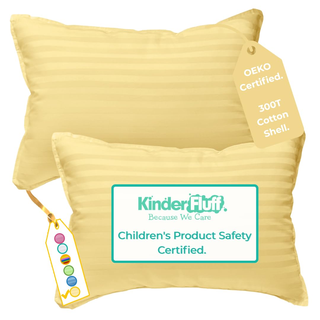 kinder Fluff Children Pillow (2Pack) [35x50cm]- Junior Pillows for Kids Age 4+, 100% Cotton Sateen Stripes Shell 300T, Down Alternative Fill, Machine Washable - Children & Travel Cushion - Yellow - M