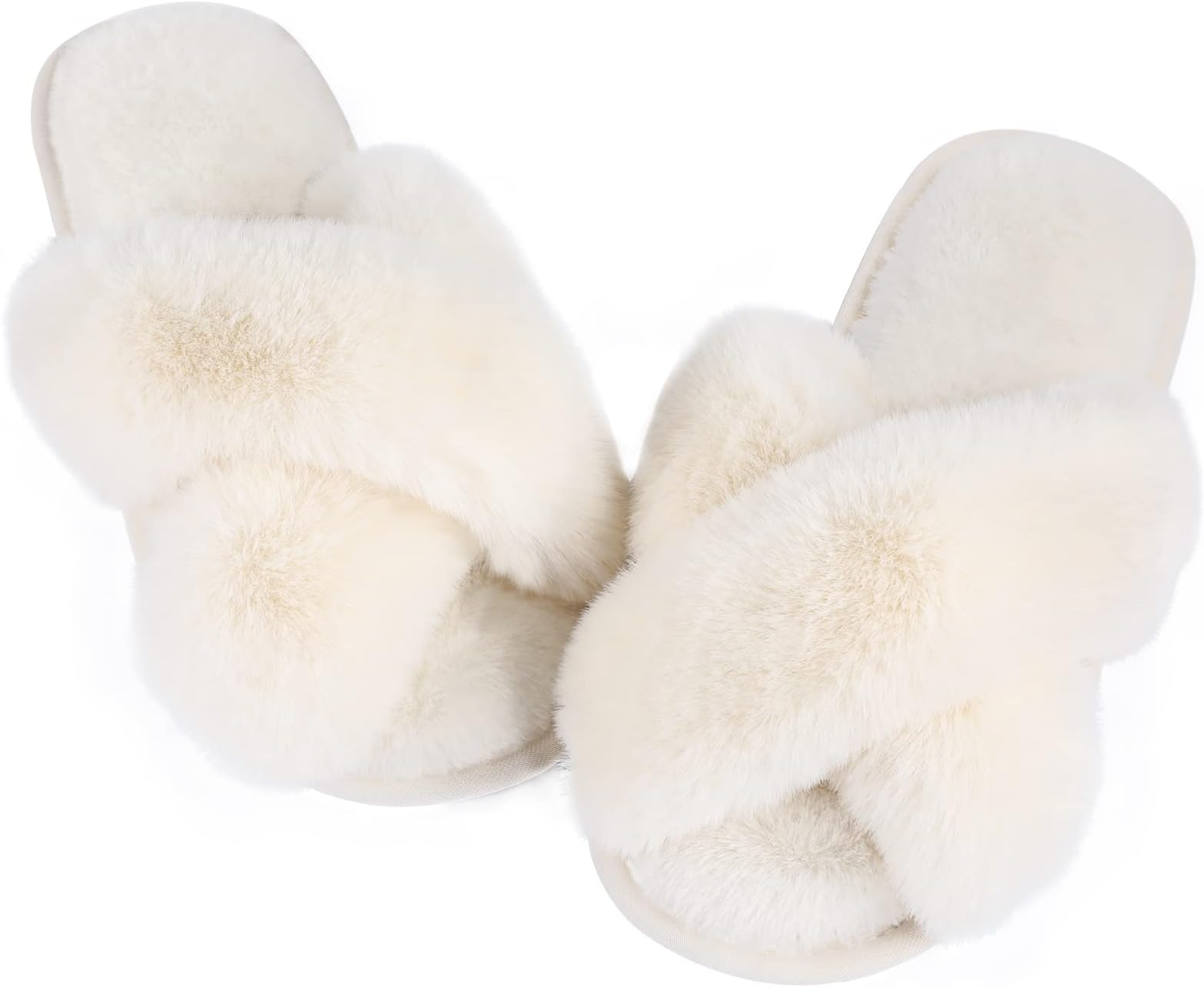 Black Grey Beige Fuzzy Slippers for Women Ankis Cross Band Cozy Memory Foam Slippers for Women Plush Fluffy Furry Open Toe Slide Slipper House Home Bedroom Slippers for Women, Beige, 9-10