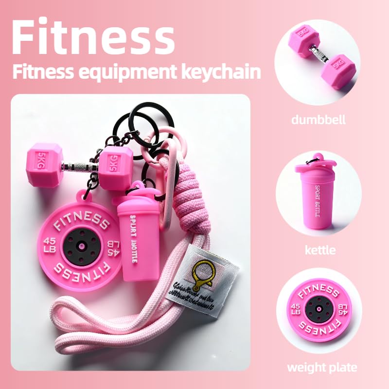 Colorful Fitness Keychain Set - Silicone Dumbbell/Sport Bottle Charm, Metal Clasp, Nylon Lanyard, Gym Bag Accessory, Workout Gift (Pink) - image 2