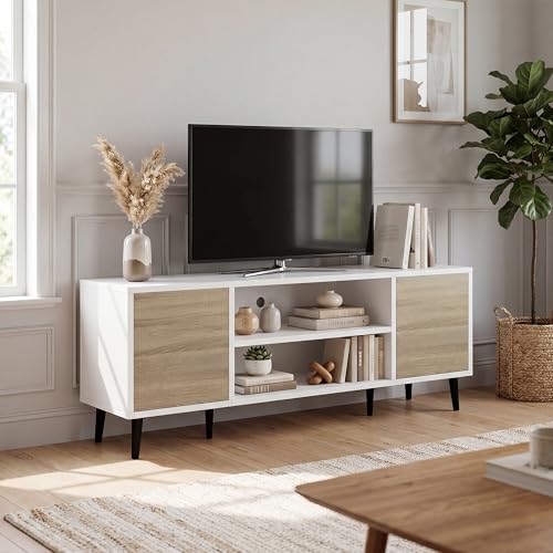 JUMMICO Mid-Century Modern TV Stand with Storage, 50 Inch, Oak