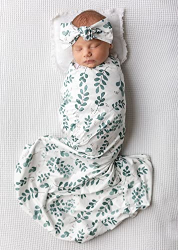 Image of Vollmic Newborn Baby Girl Baby Boy Unisex Receiving Blanket Swaddle Blanket Swaddle Set with Matching Headband and Hat (Green)